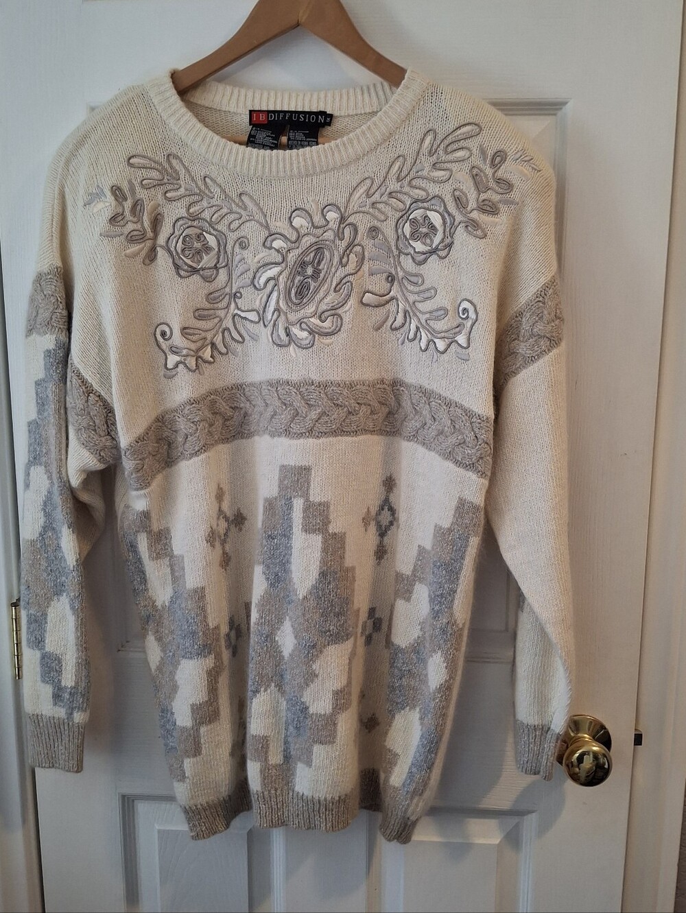 NWT Vtg '93 IB Diffusion Sweater Sz 1X Cream Embroidered Silk Blend Grannycore